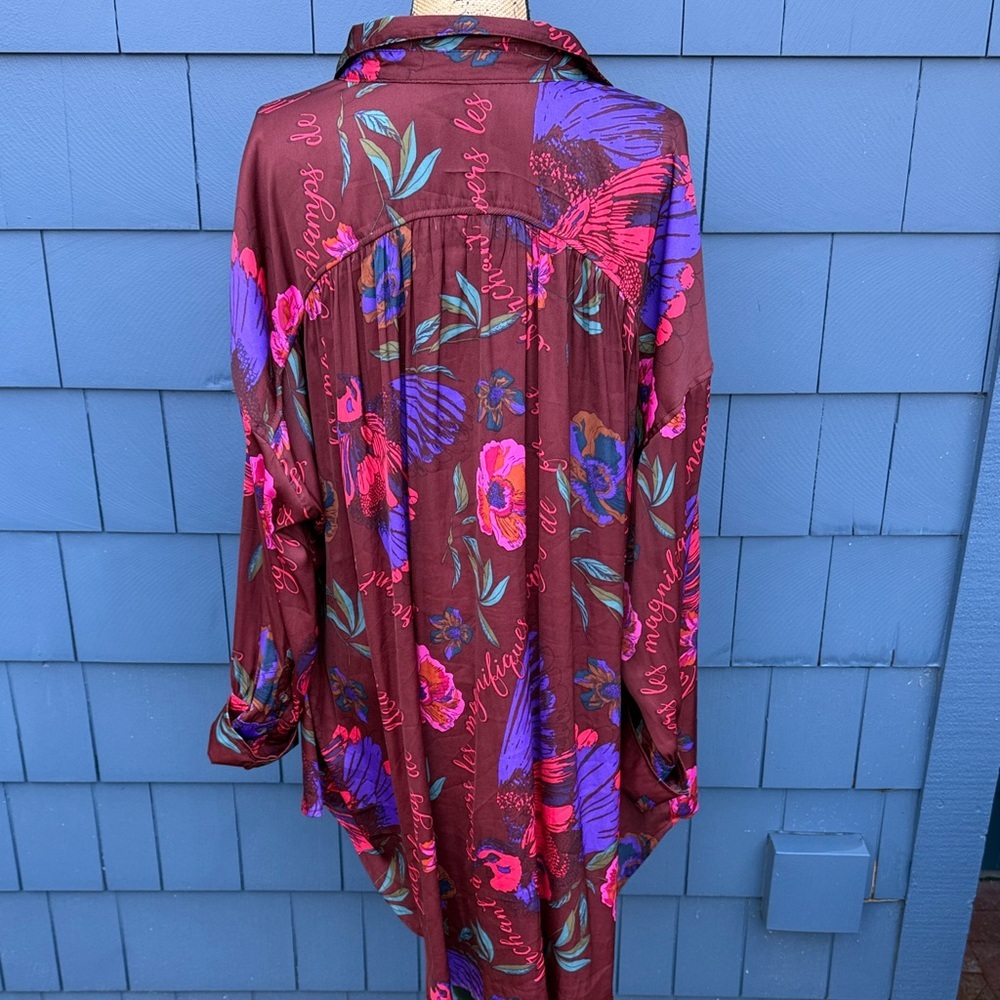 Free People Burgundy Floral Button-Down Shirt oversized - Picture 5 of 10